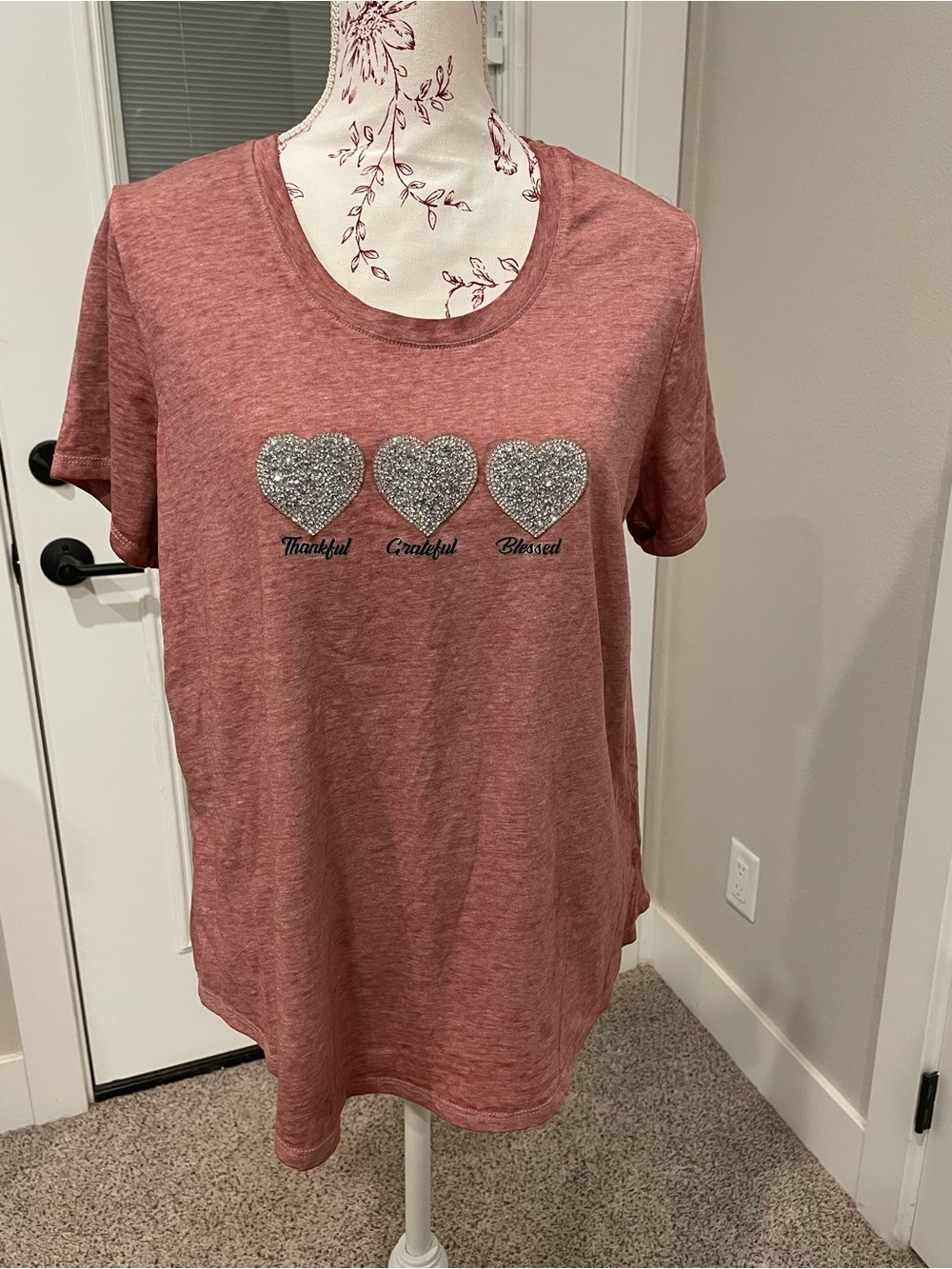 Dusty Rose Short Sleeve Tee with Silver Glitter Hearts